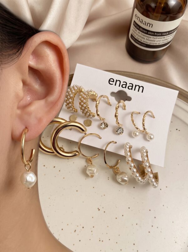 Set of 9 Gold Chunky Real Freshwater Pearl Hoops and Studs
