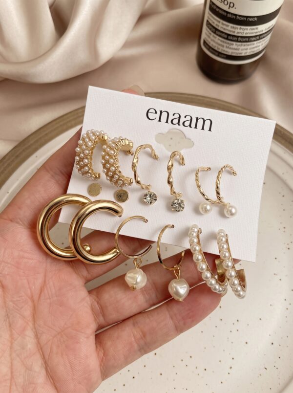 Set of 9 Gold Chunky Real Freshwater Pearl Hoops and Studs
