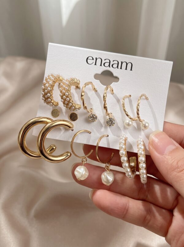 Set of 9 Gold Chunky Real Freshwater Pearl Hoops and Studs